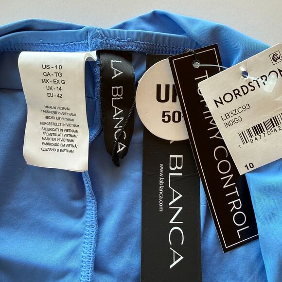 NWT La Blanca Island Goddess Shirred Band Hipster Bikini Bottoms in Chambray 10 - Picture 7 of 12